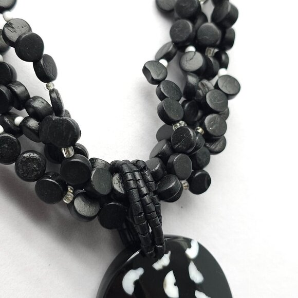Black Multi-Strand Wood Bead Necklace Shell-Inlaid Pendant By Chicos - Picture 2 of 5